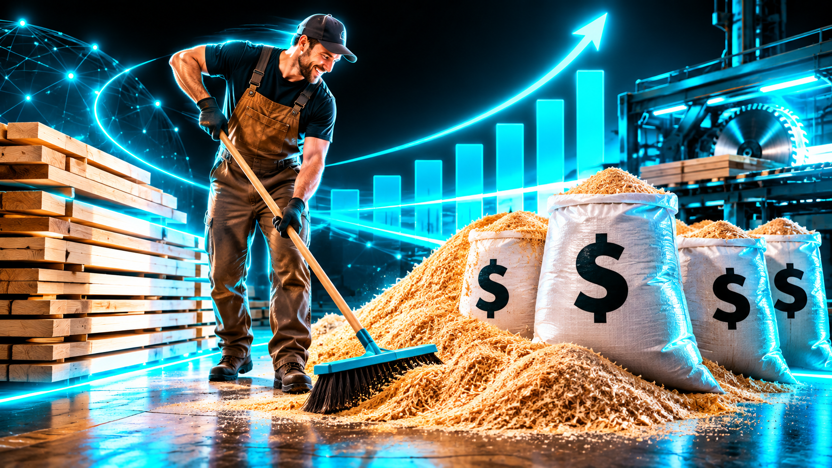 A sawmill floor with stacked planks and a worker sweeping sawdust into bags marked with dollar signs