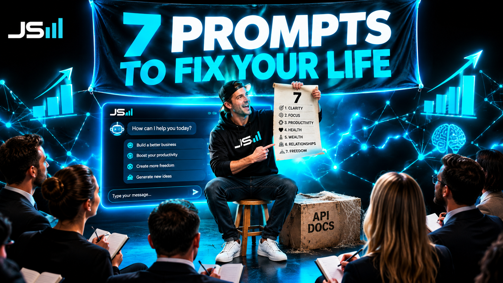 A man holding up a single sheet of paper like a scroll in front of a banner reading seven prompts to fix your life, with a dusty unopened box labeled API docs on the floor beside him
