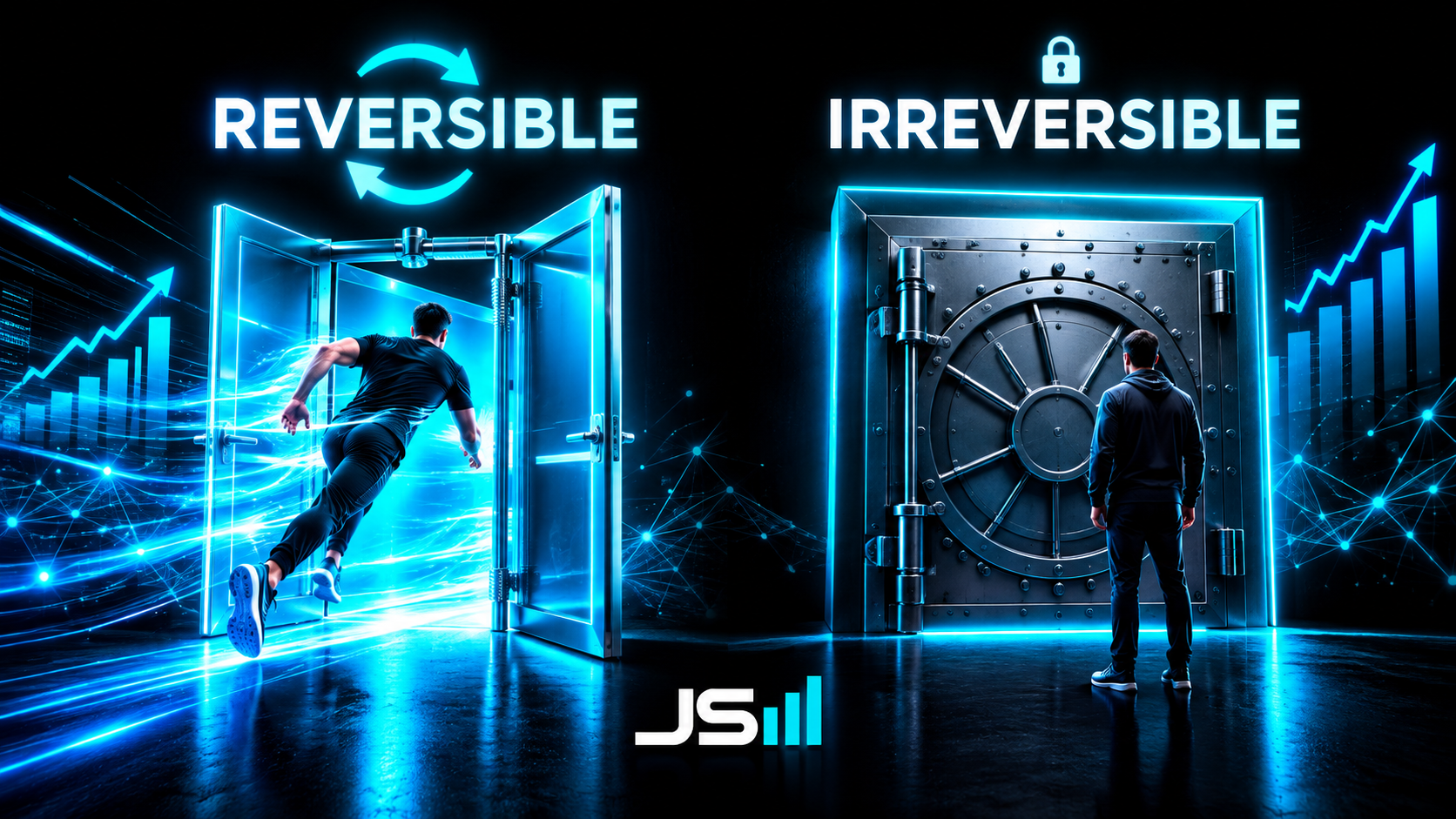 Two doors side by side, the left labeled reversible with a spring hinge swinging both ways and a figure sprinting through, the right labeled irreversible as a heavy vault door with a figure standing carefully in front of it