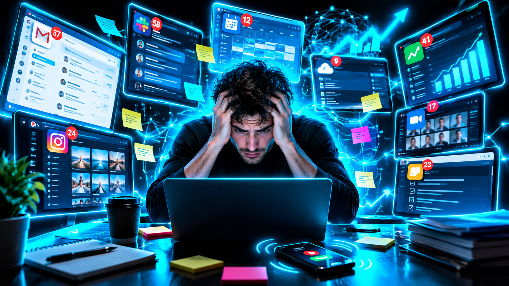 A small business owner at a desk surrounded by nine glowing screens, each a different app shouting a notification, sticky notes bridging between them
