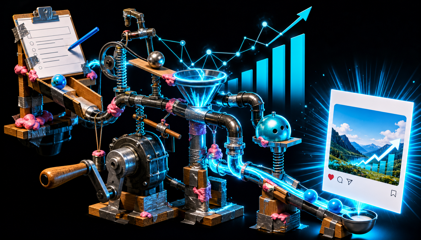 A Rube Goldberg contraption held together with duct tape and chewing gum, a form feeding into tangled pipes and a hand crank, somehow producing a clean social media post at the end