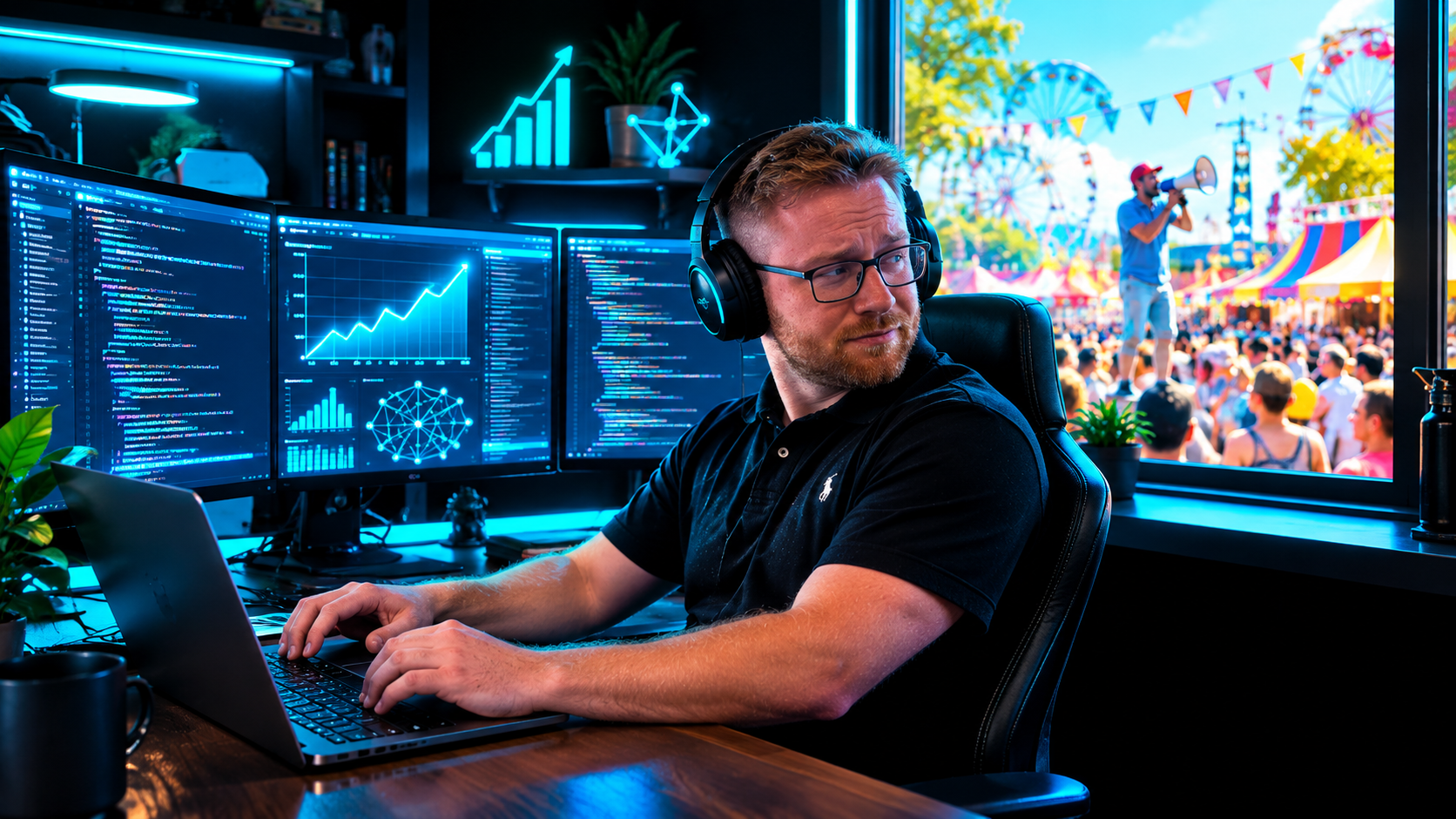 Joseph at a desk with three monitors of code and headphones on, glancing reluctantly out the window at a loud street fair with a megaphone and a crowd