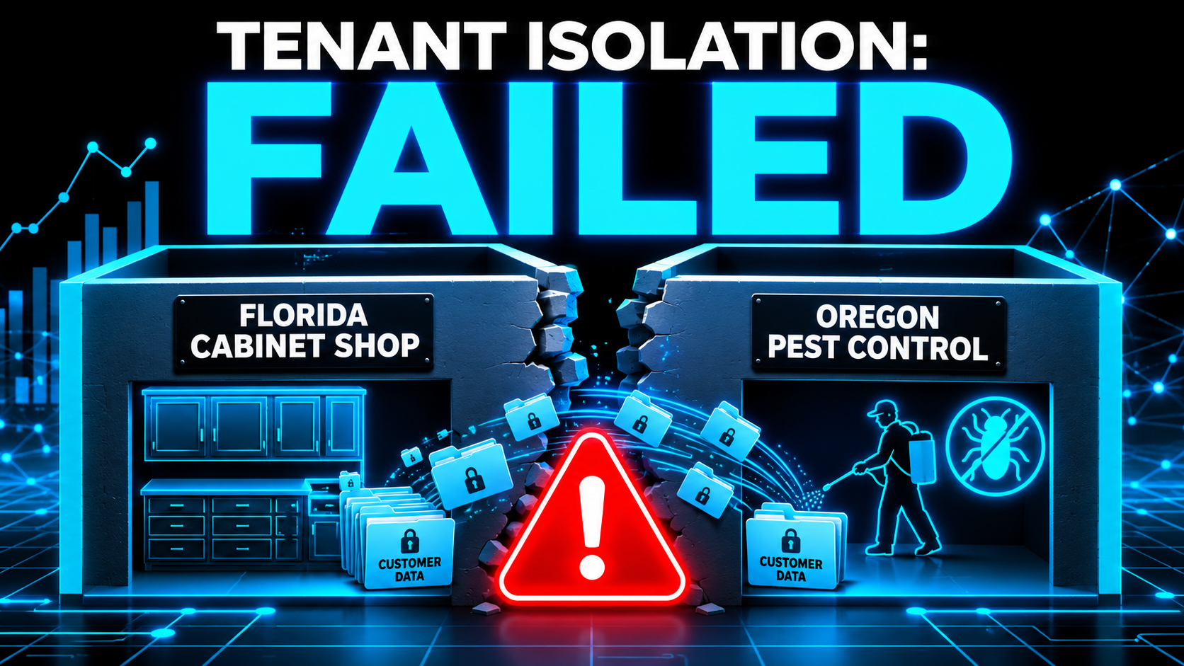 Infographic showing a Florida cabinet shop and an Oregon pest control shop in separate boxes with a crack in the wall and customer data leaking between them, headline reading Tenant isolation failed