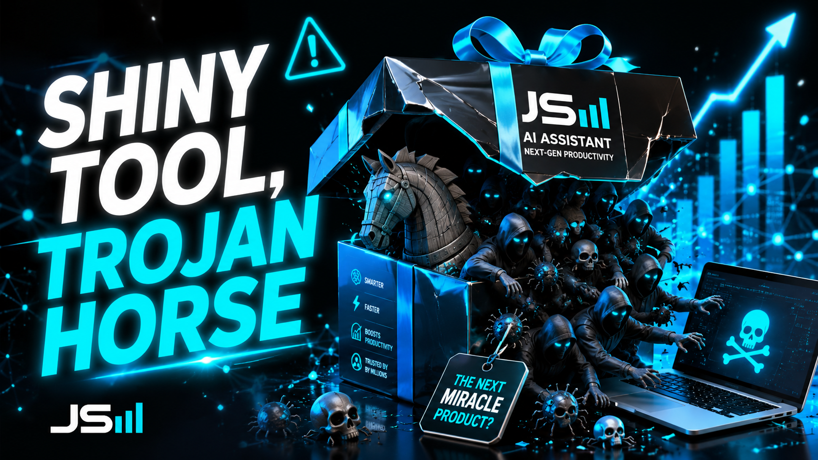 A shiny gift-wrapped robot-assistant box cracked open to reveal a trojan horse full of hackers and malware, headline reading Shiny Tool Trojan Horse