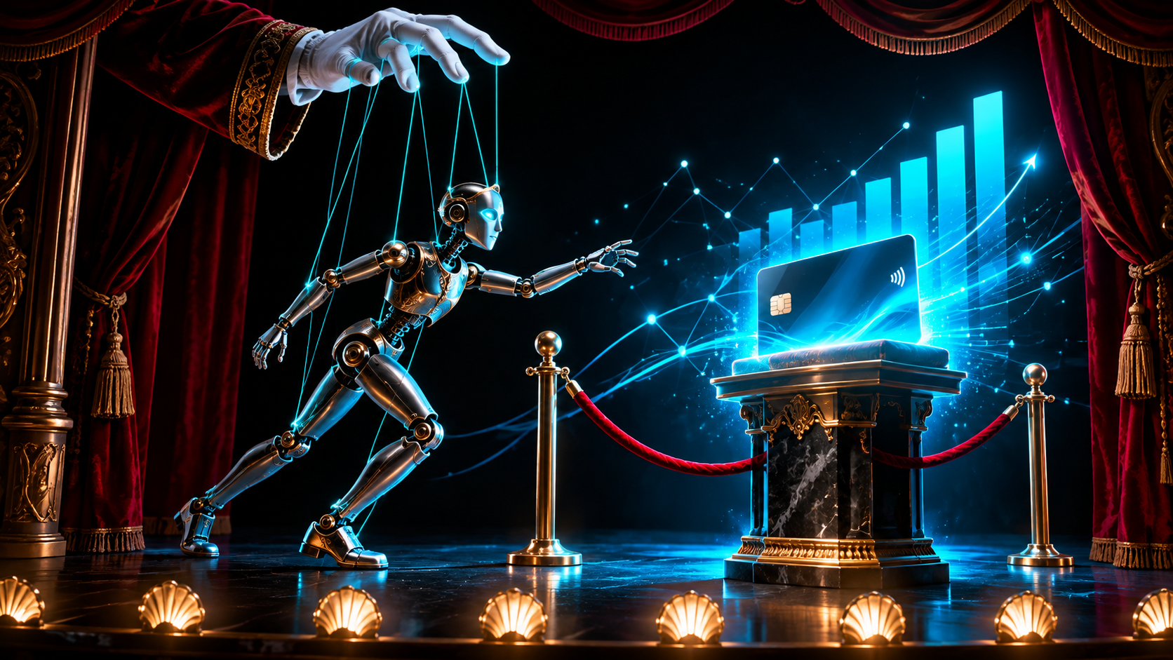 A robot marionette reaching for a glowing credit card on a pedestal while the puppeteer's gloved hand pulls the strings back and a velvet rope stands between them