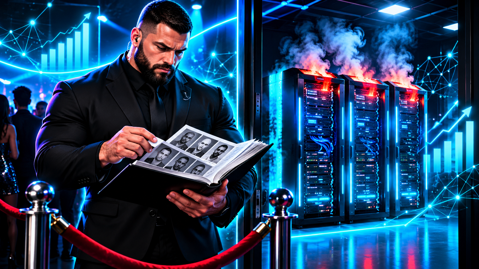 A nightclub bouncer checking a book of mugshots at the door while machines overheat unnoticed behind him