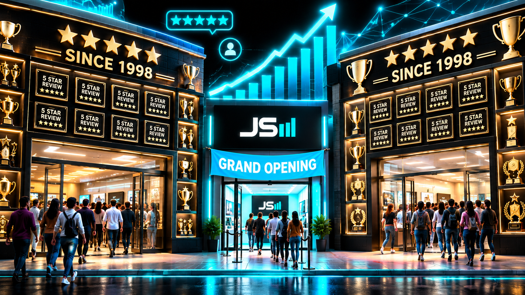 A tiny new storefront with a grand opening sign squeezed between two huge established competitors covered in decades of review plaques