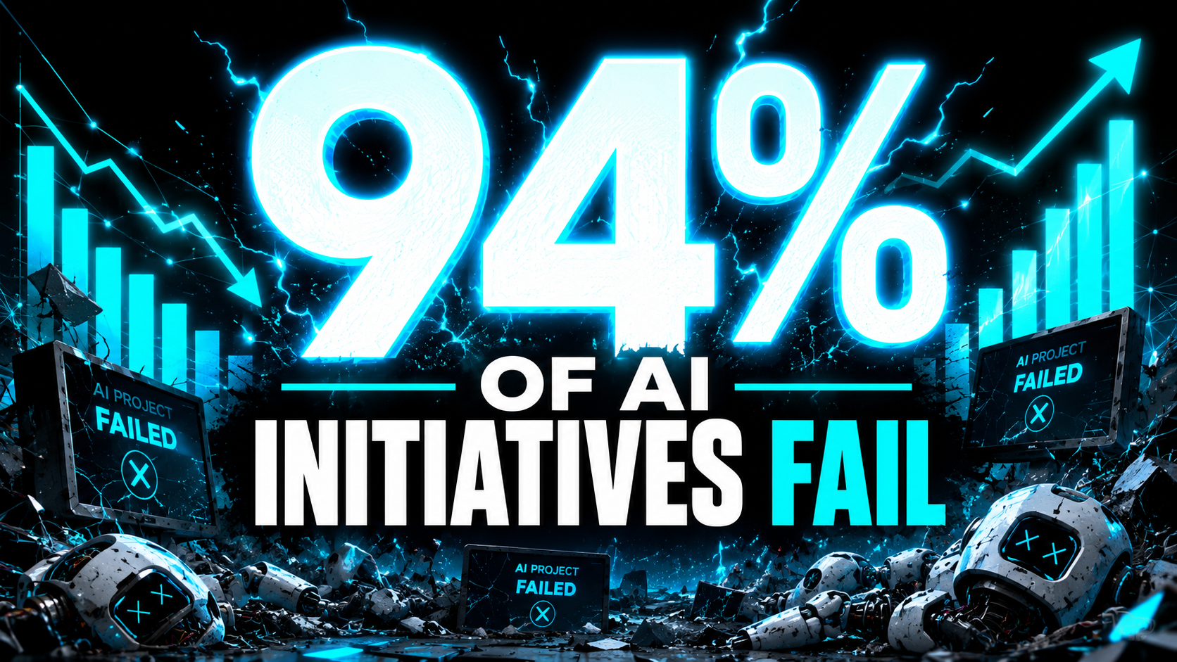 Bold infographic with a giant 94 percent over a graveyard of crashed corporate AI projects, headline reading 94 percent of AI initiatives fail