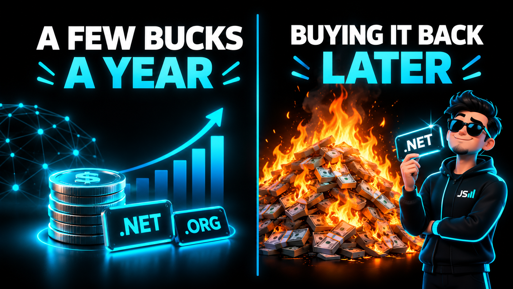 Two panels: a small coin stack labeled a few bucks a year beside tiny .net and .org tags, versus a huge burning pile of cash labeled buying it back later with a smug figure holding the .net tag