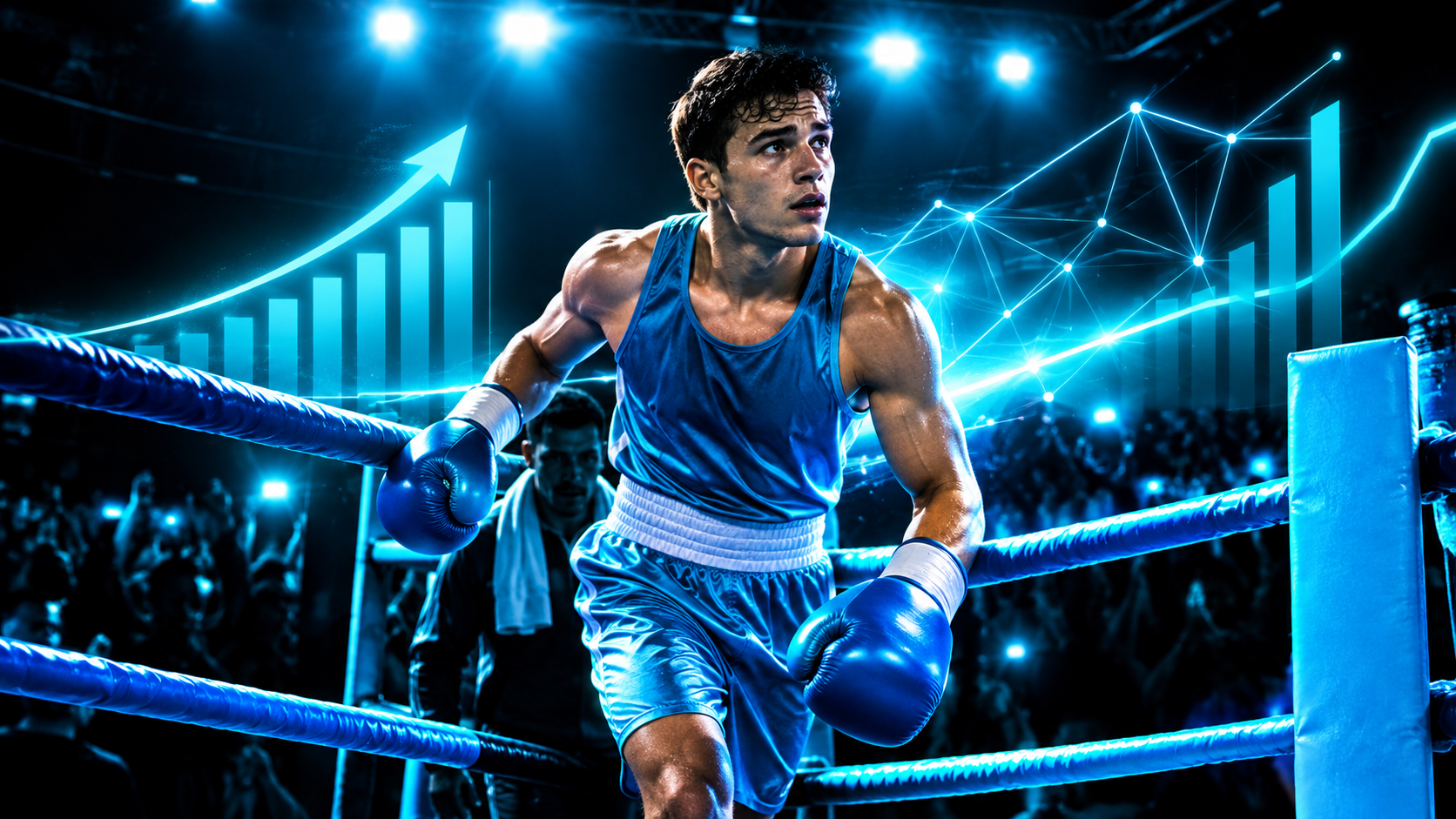 A boxer stepping through the ropes into a lit ring, nervous but moving, with a crowd in shadow around it