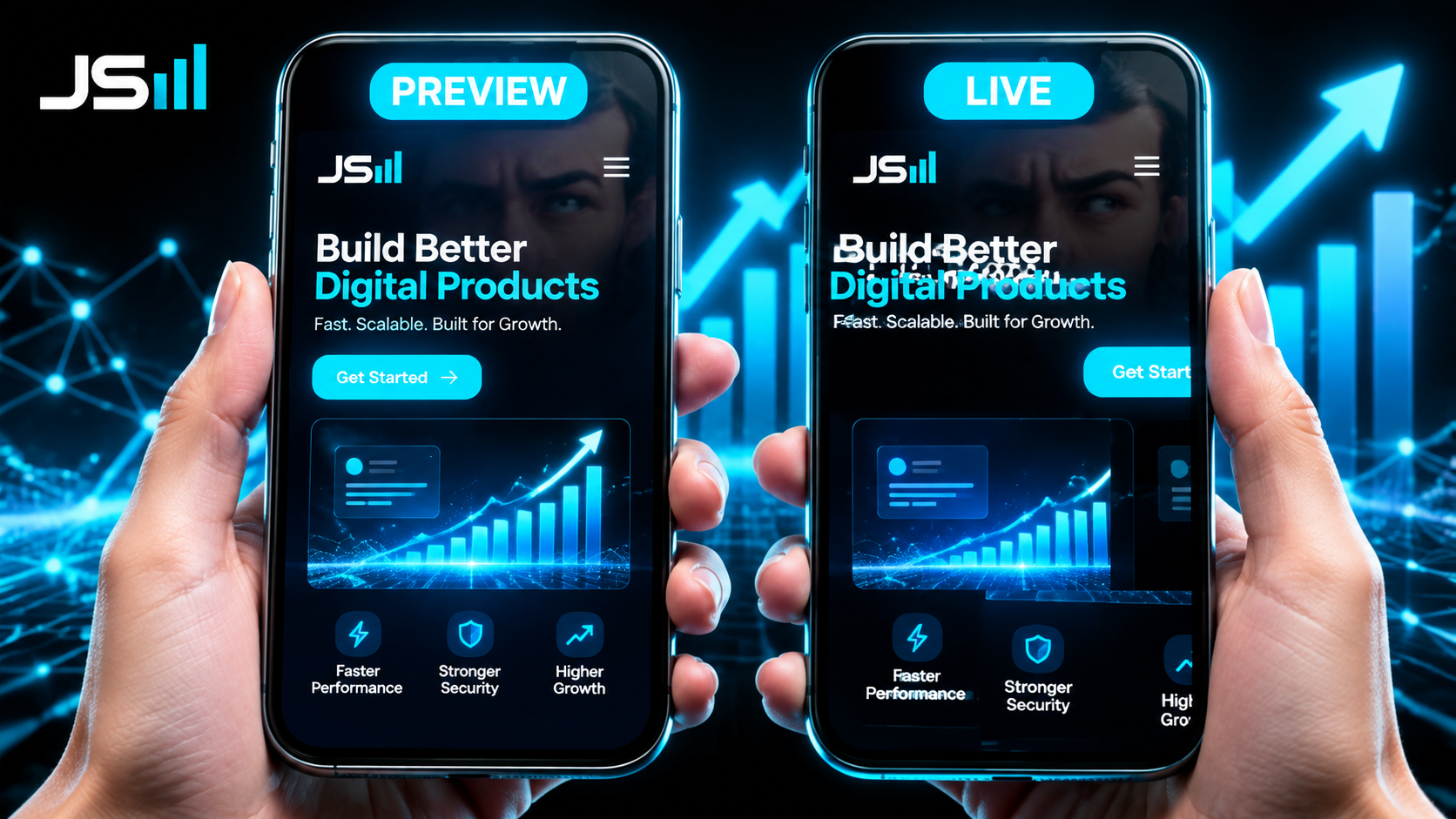 Two phones side by side, one showing a clean page labeled Preview and one showing a broken misaligned layout labeled Live