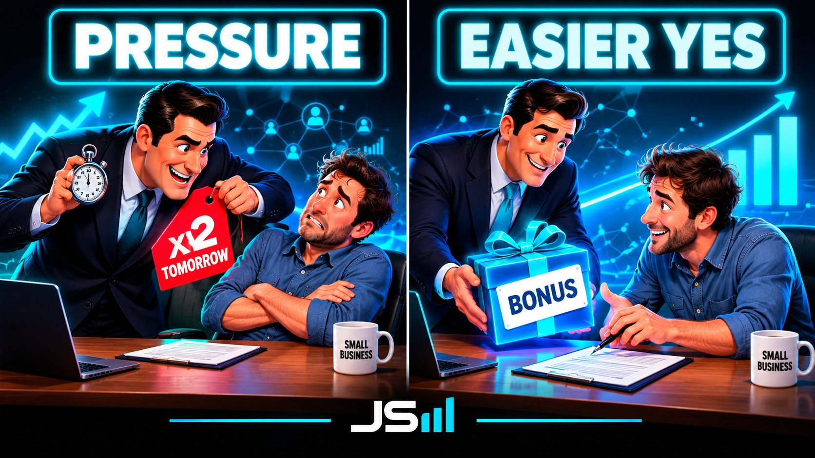 Two panels: a salesman looming with a stopwatch and a price tag reading x2 tomorrow while the owner leans away, versus the same salesman sliding a gift box labeled bonus across the desk while the owner leans in and reaches for the pen