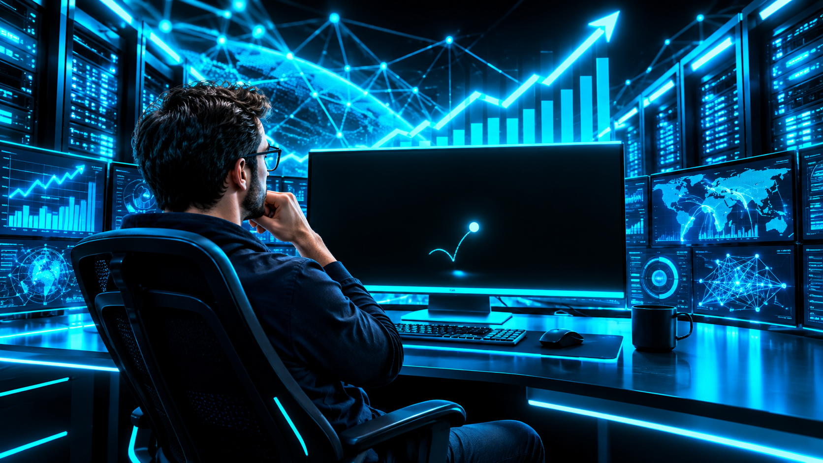 A serious engineer at a powerful workstation surrounded by enormous computing power, the screen showing nothing but a tiny bouncing ping pong ball animation