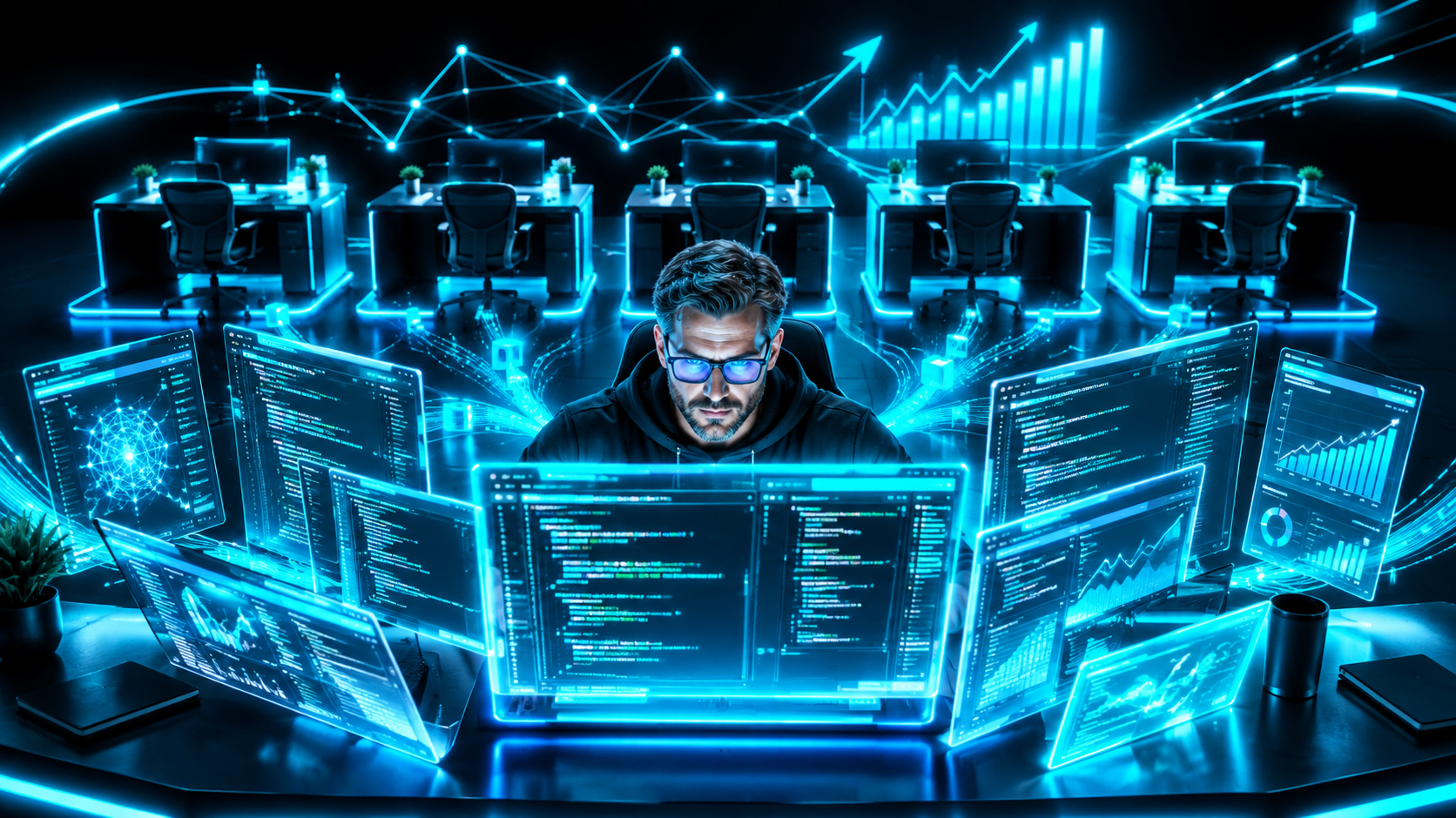A senior engineer at a desk surrounded by many glowing screens all building code at once, with five empty junior developer desks behind him