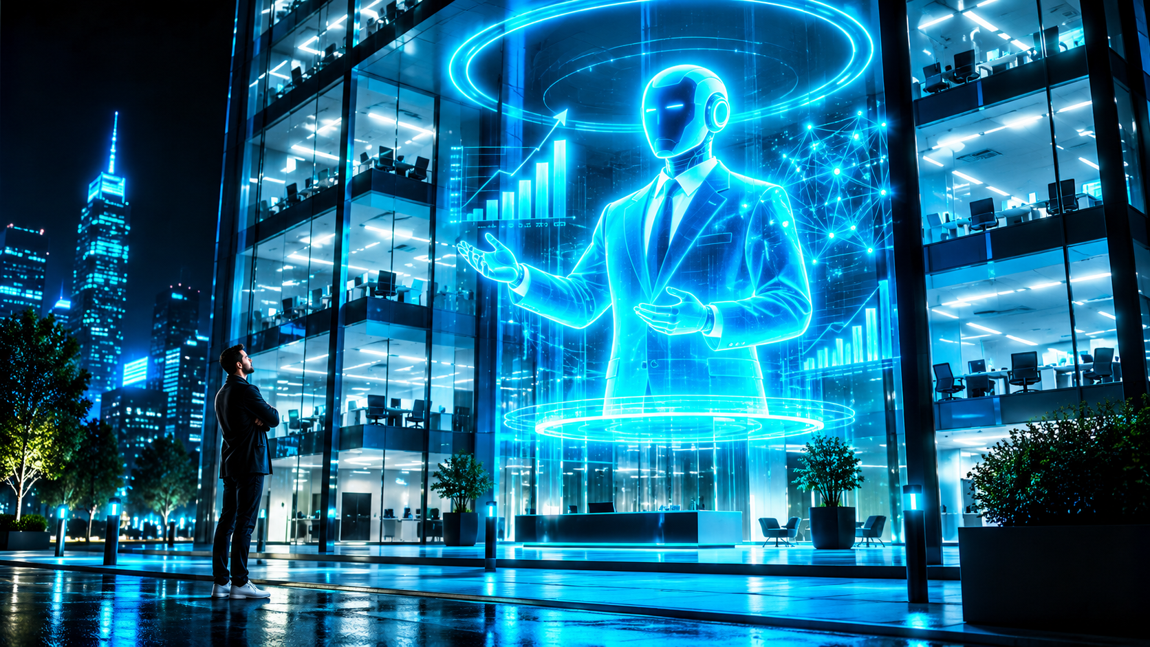 A lit, completely empty office tower at night with a holographic robot CEO addressing nobody, while one human stands outside looking up skeptically