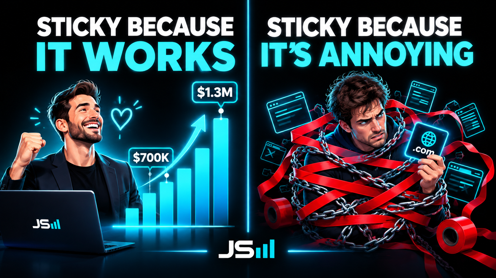Two columns: sticky because it works, a happy owner next to a chart rising from $700K to $1.3M; sticky because it's annoying, a frustrated person tangled in chains holding a tiny domain icon