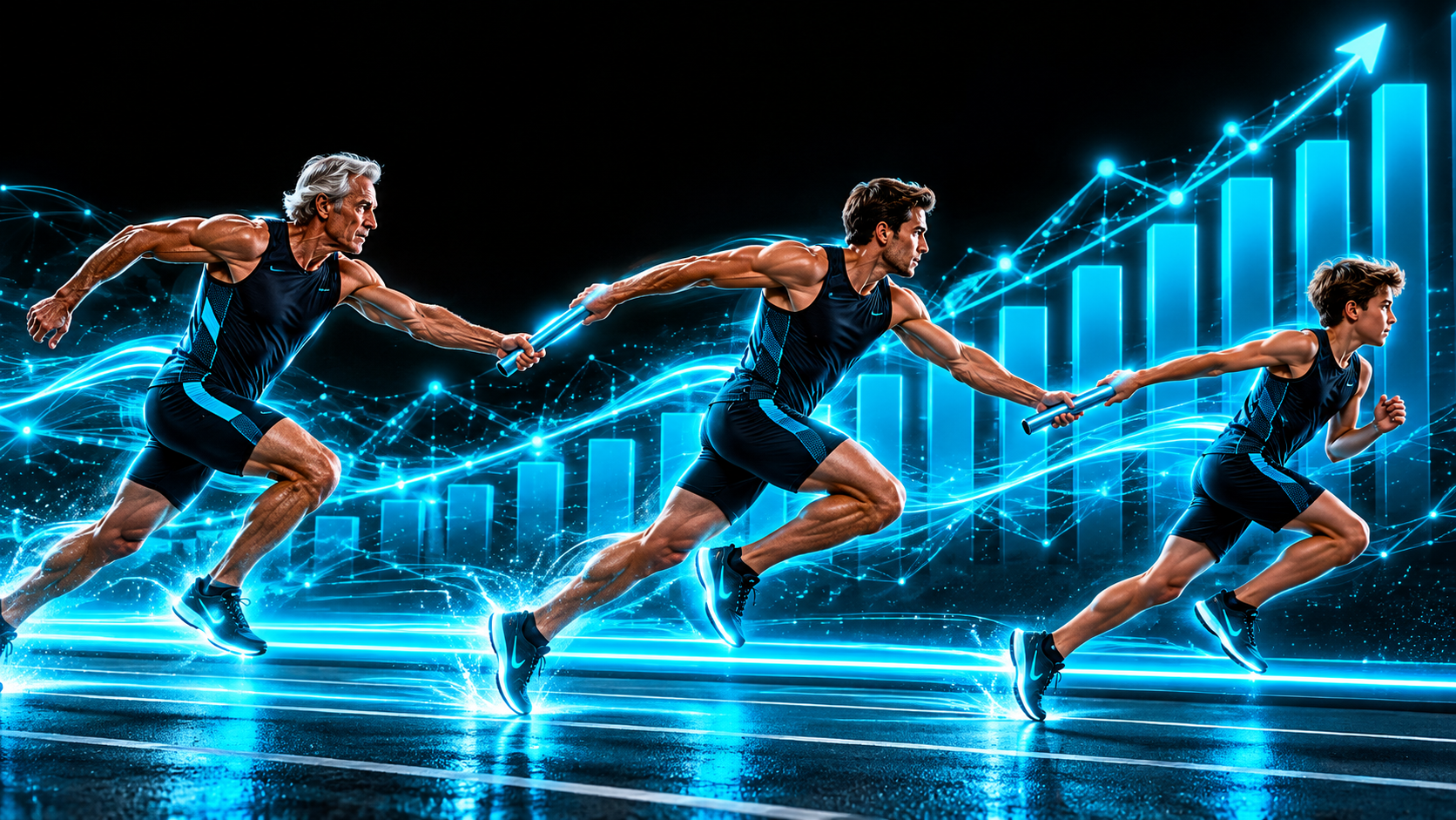 A relay baton passed from an older runner to a younger one mid-stride, the younger already reaching back to hand it to a third even younger runner