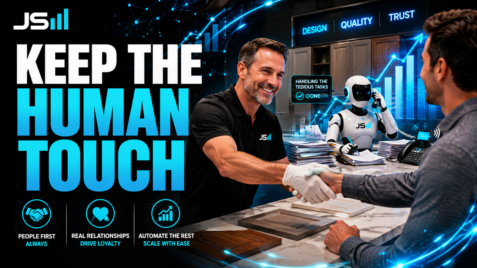 Warm scene of a business owner in a white glove shaking a happy customer's hand in a cabinet showroom while a robot handles paperwork and a ringing phone behind him, headline reading Keep the Human Touch