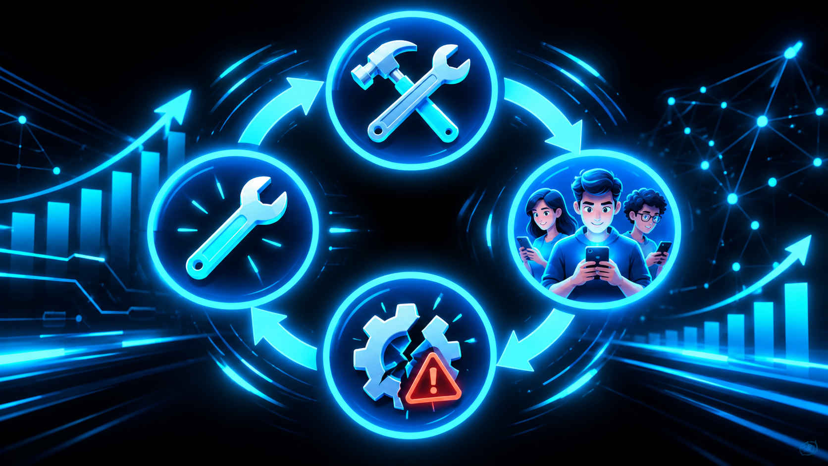 A circular loop diagram with four glowing nodes, build, test with real people, something breaks, fix it, arrows looping back around with speed lines