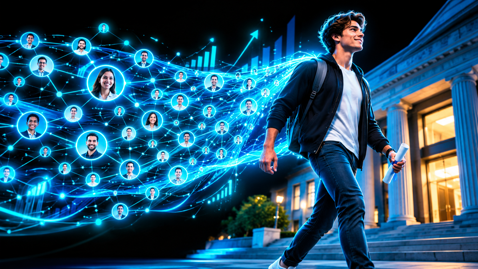 A graduate walking out of a university building holding a small diploma while an enormous glowing web of connections trails behind him