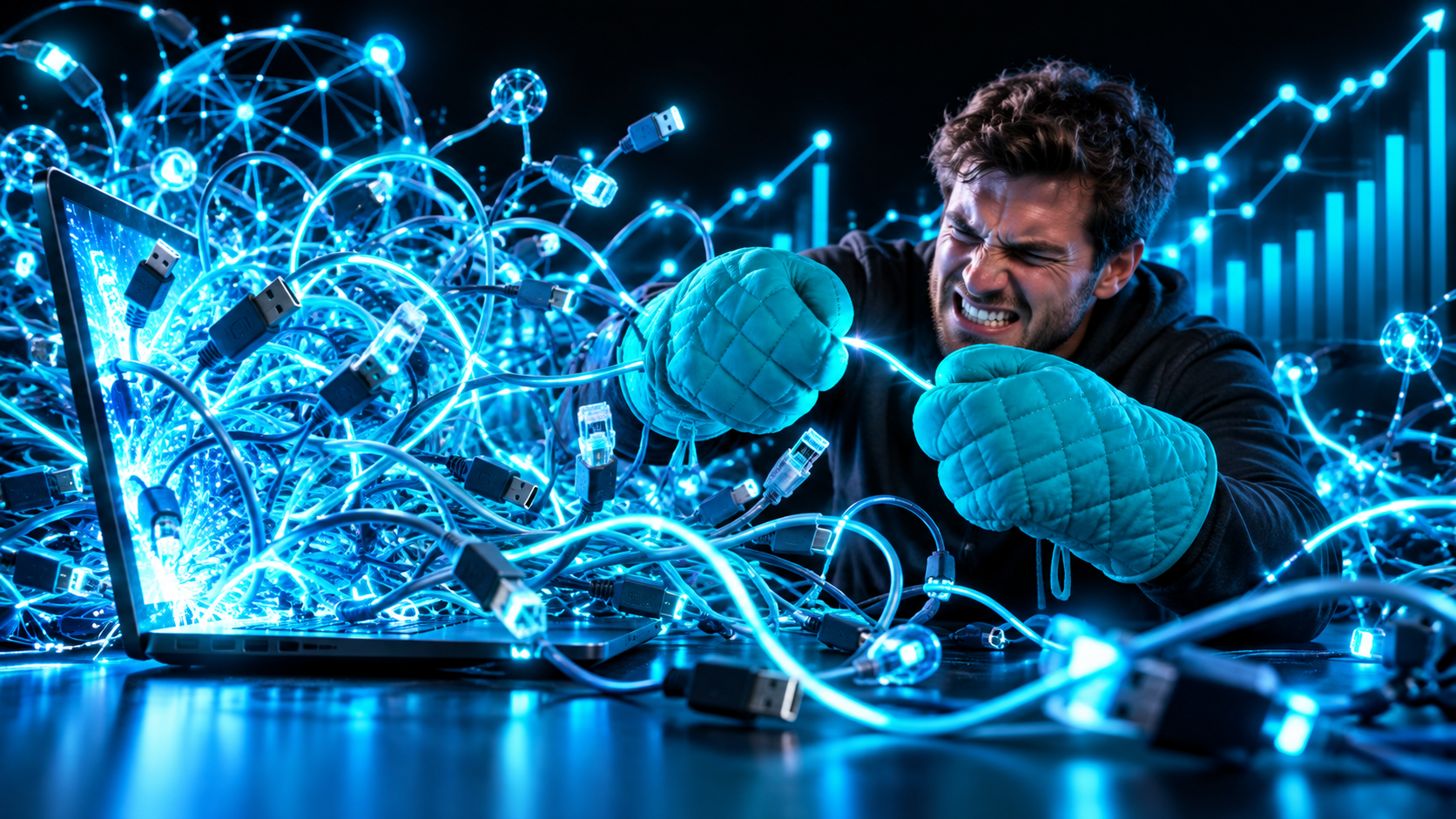 A tangle of glowing wires bursting from a laptop while someone in oven mitts tries to untangle one strand