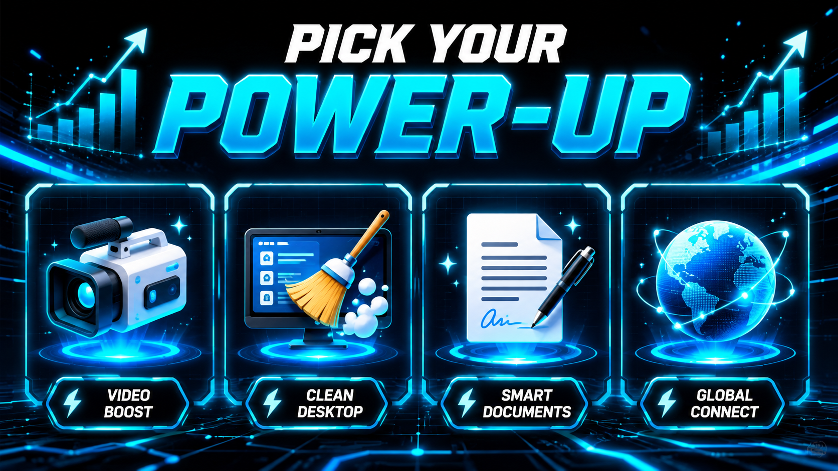 Video-game style inventory grid of glowing power-up icons for different AI abilities: video, cleaning the desktop, writing documents, connecting to other systems, headline reading Pick Your Power-Up
