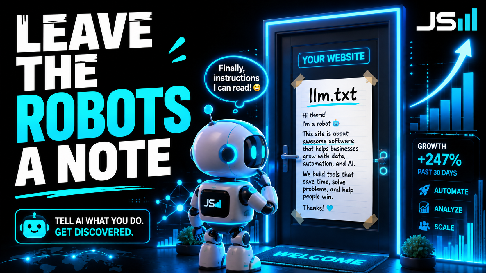 Cartoon AI robot reading a welcome note labeled llm.txt taped to a website's front door, headline reading Leave the Robots a Note