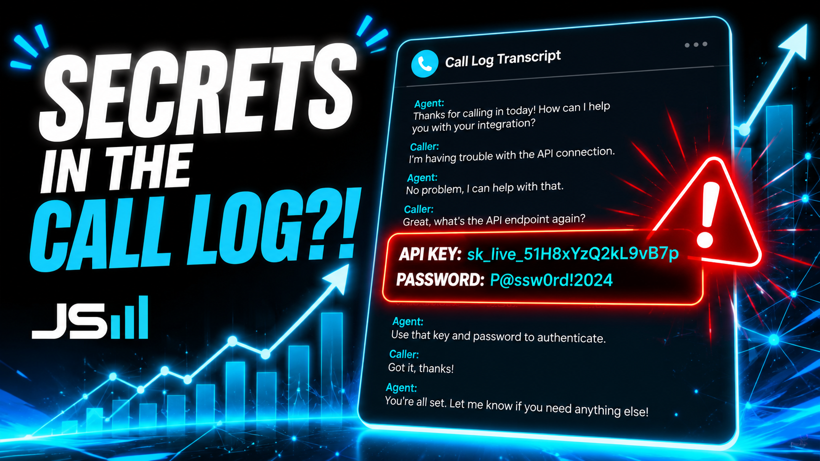 Infographic of a phone call transcript with a secret API key and password pasted into the middle of it and a red alarm icon, headline reading Secrets in the call log