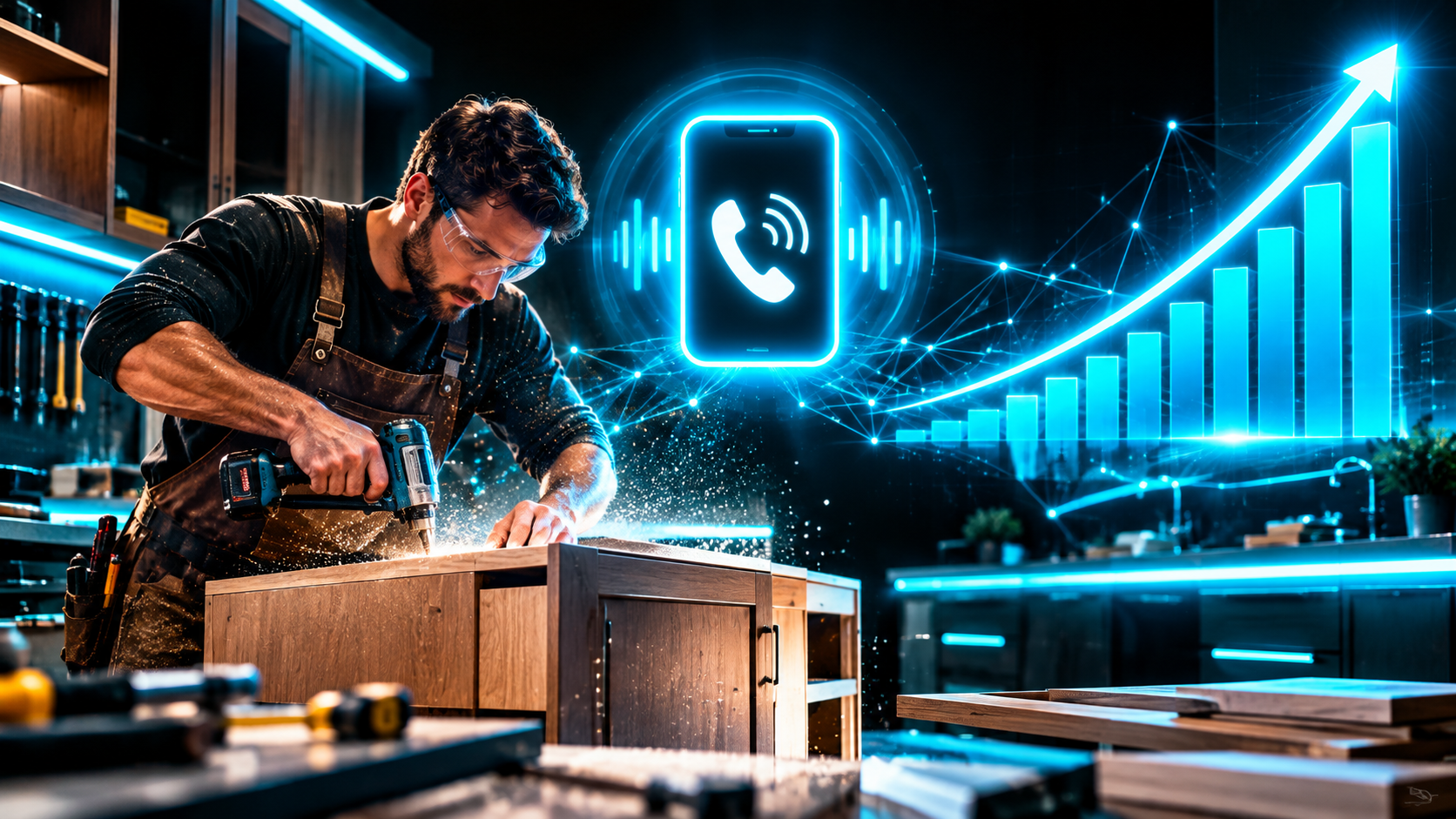 A cabinet workshop with a craftsman building a cabinet while an AI phone answers a call on the wall next to a climbing revenue chart