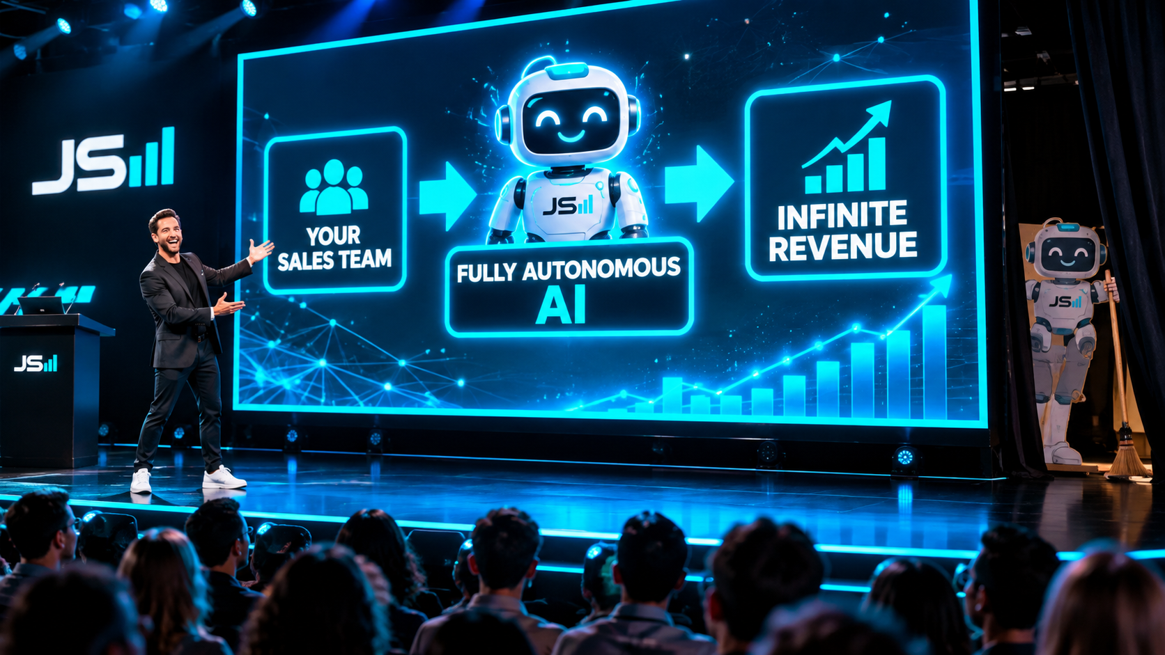 A consultant on stage presenting a flowchart where a sales team feeds a grinning robot labeled fully autonomous AI and the output is infinite revenue, while behind the screen the robot is a cardboard cutout on a broomstick