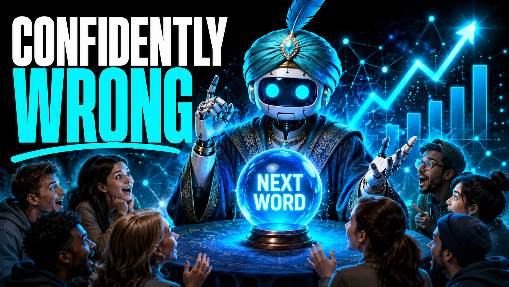 A robot dressed as a mystical oracle confidently answering a crowd, its crystal ball only showing the words next word, headline reading Confidently Wrong