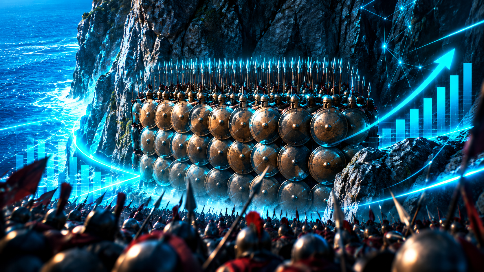 A narrow mountain pass between cliffs and sea packed with a wall of bronze shields and spears facing an enormous army, with only rock behind them