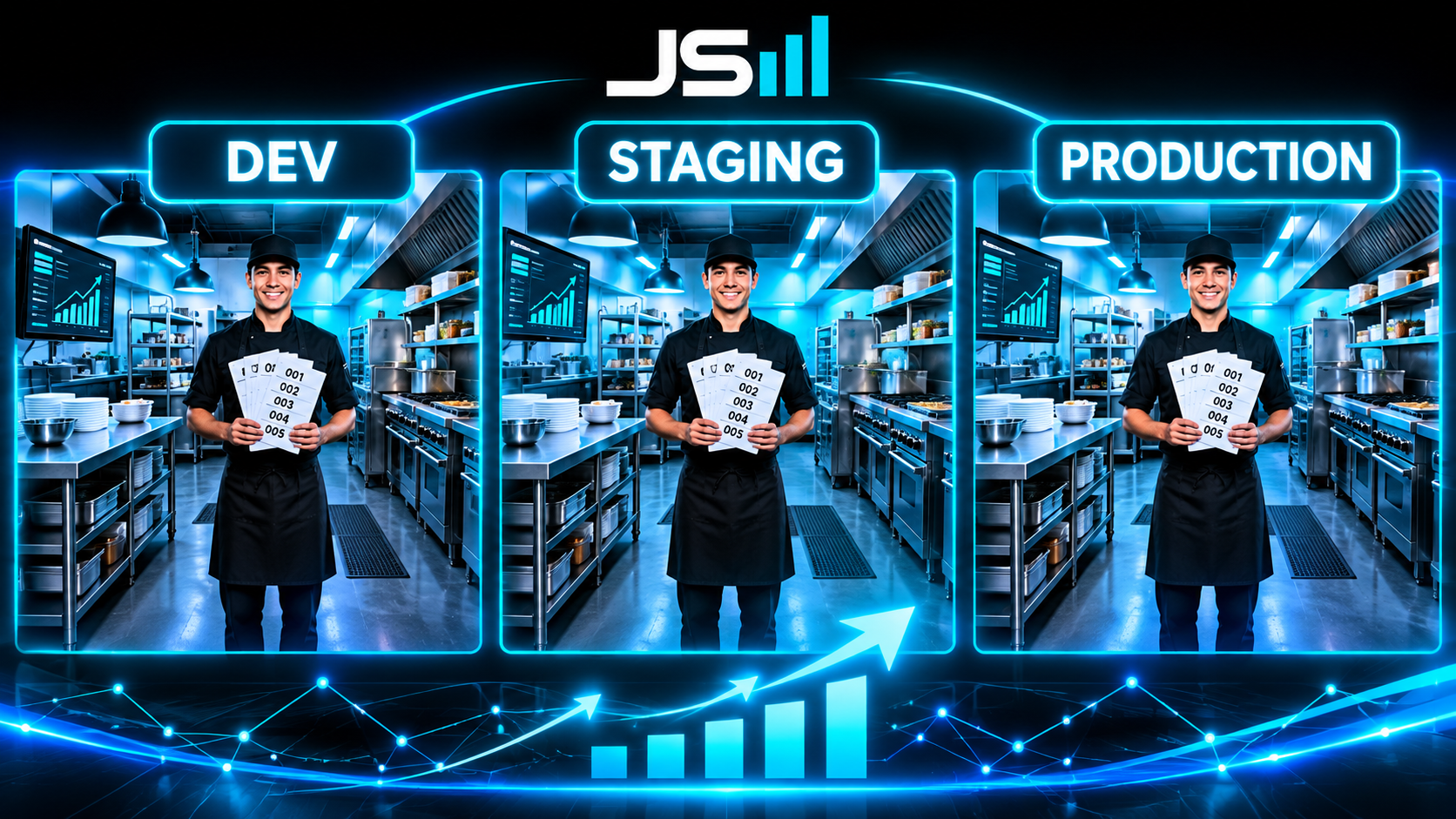 Three identical kitchens side by side labeled dev, staging and production, each with a worker holding the same stack of numbered work order cards, all three ending up with the same layout