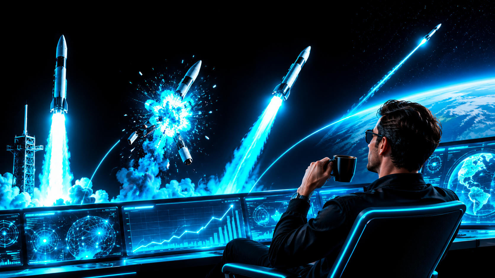 A sequence of rockets left to right, the first exploding, the second flying higher, the third clearing the atmosphere, while a founder watches from a console with coffee in hand