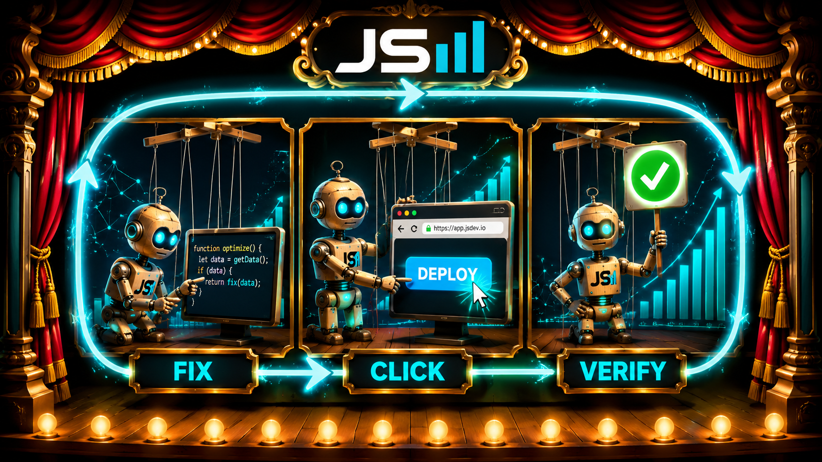 Three-panel puppet theatre storyboard: a robot marionette fixing code, then clicking a button in a browser, then holding up a green checkmark, with a loop arrow around all three, labeled FIX, CLICK, VERIFY
