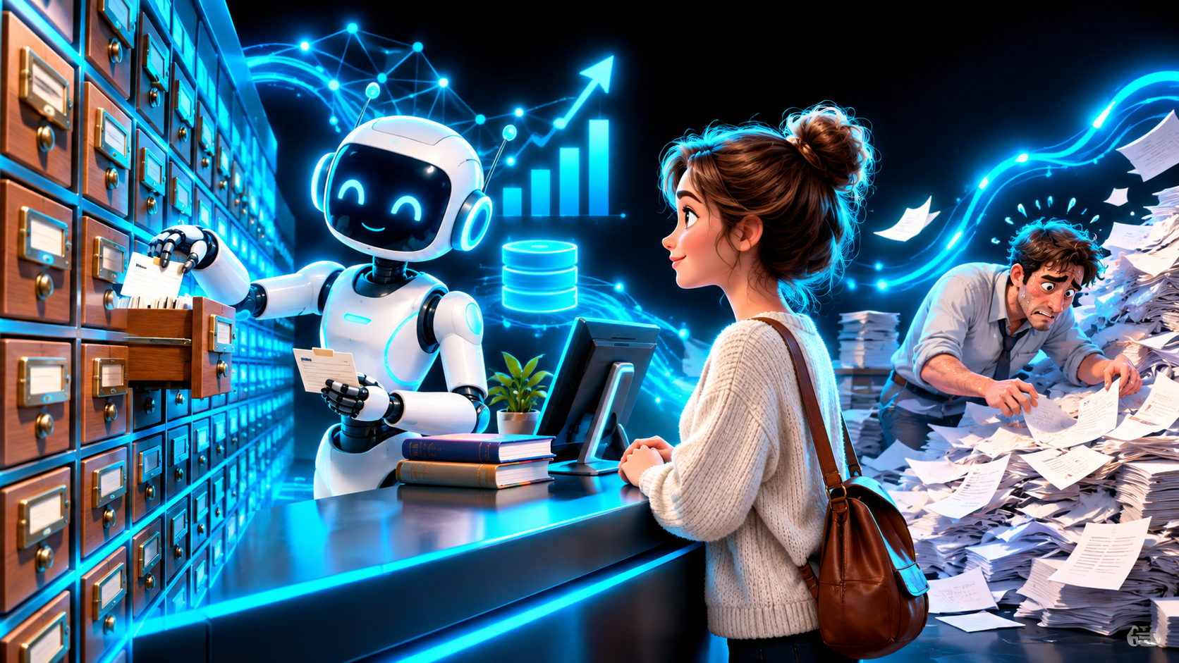 A friendly librarian robot pulling exactly one card from a wall of card catalog drawers while a person waits, and behind them a sweaty figure digging through a mountain of loose paper by hand