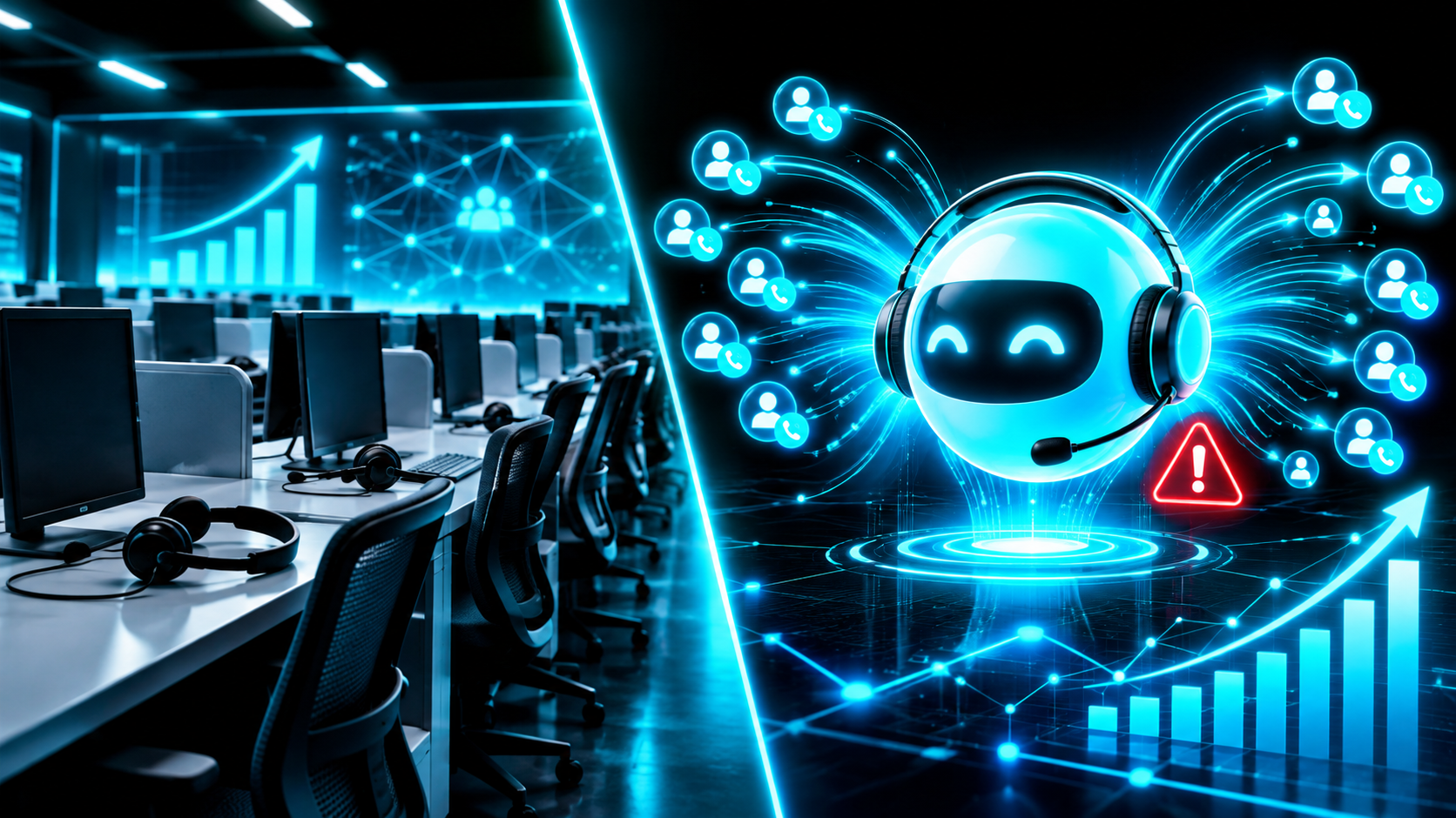 Split scene with rows of empty call center desks and unplugged headsets on one side, and a single glowing AI orb with a headset handling many call lines on the other beside a red compliance warning icon