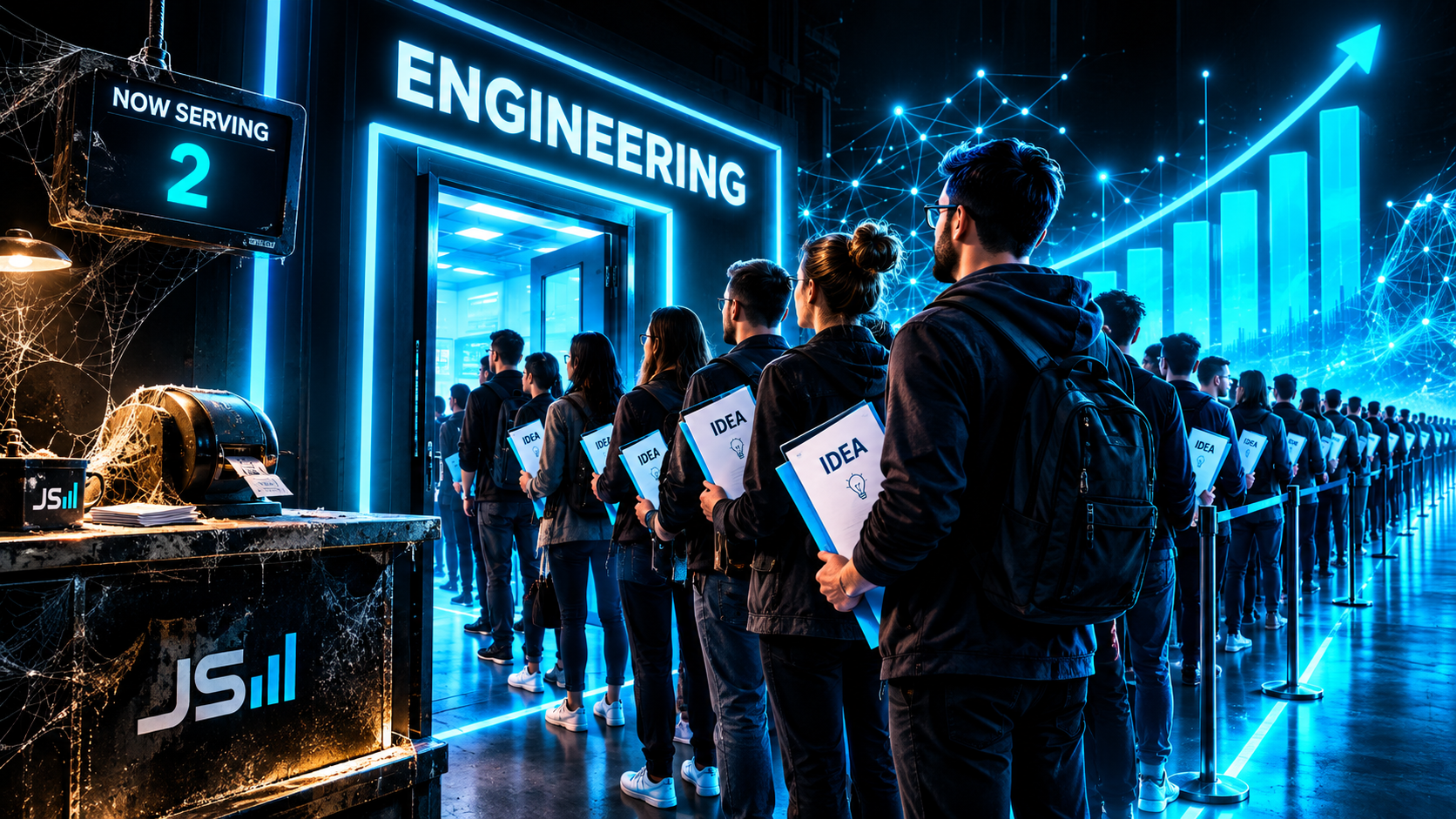 A long line of people holding idea documents waiting outside a door labeled engineering, dusty ticket counter, a sign reading now serving number two
