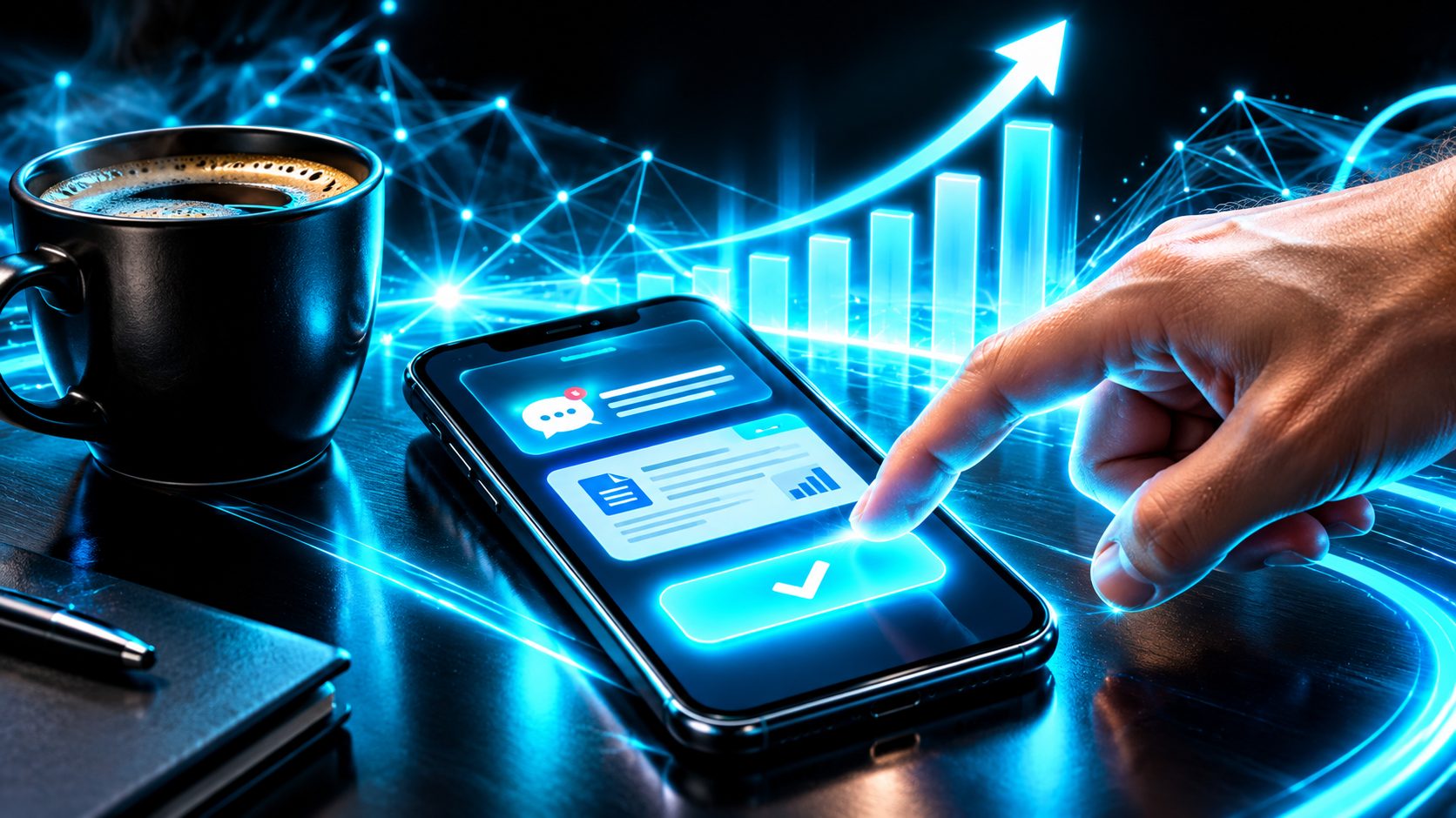 A phone on a table buzzing with a text showing a job and a draft proposal, a hand reaching over to tap approve, a coffee cup beside it