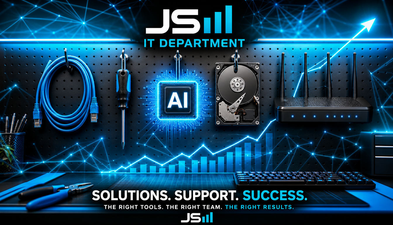 An IT department pegboard with a network cable, screwdriver, hard drive and router, and a small glowing AI chip hanging among them like any other tool
