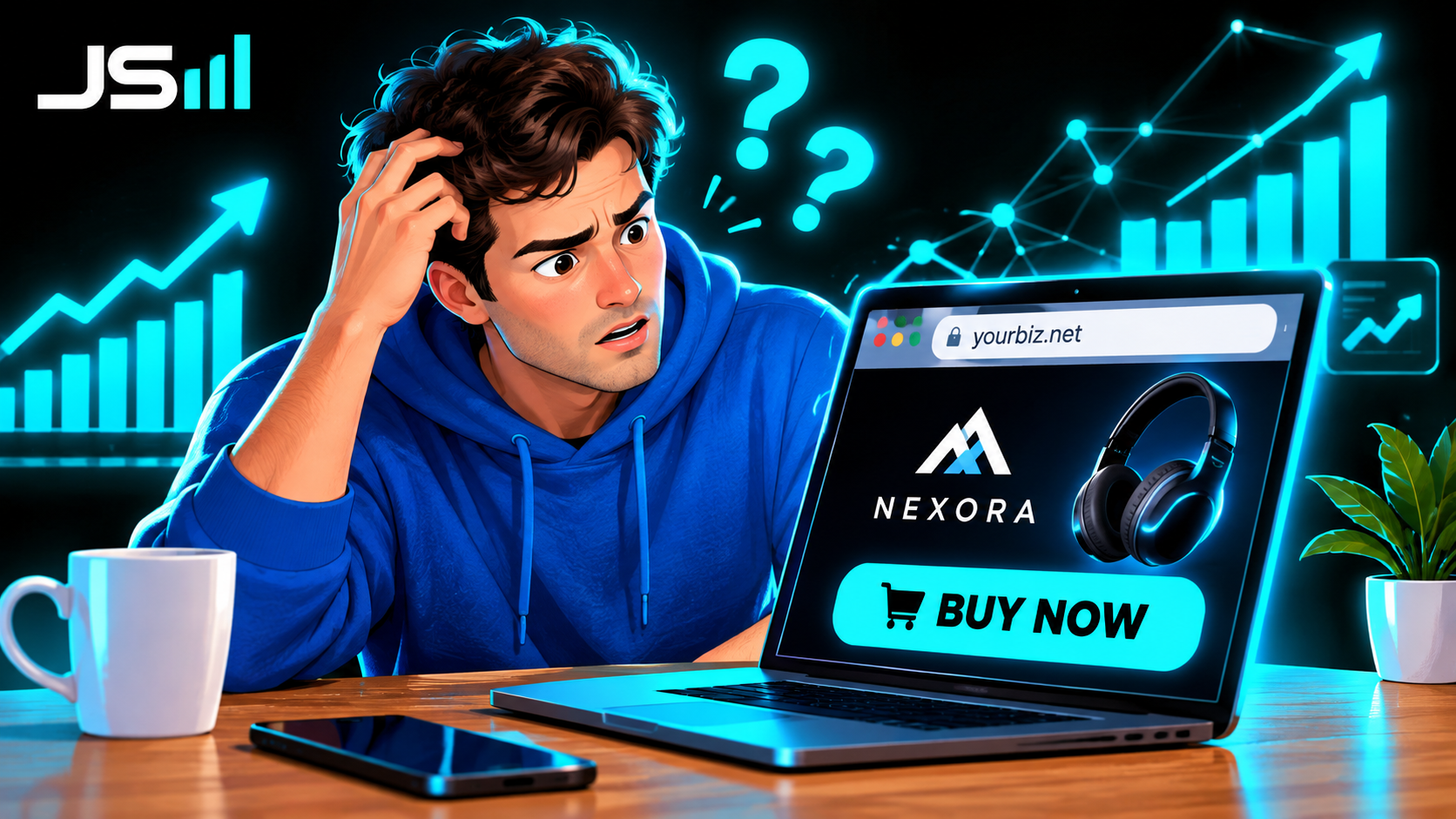 A confused customer at a laptop that shows yourbiz.net in the address bar and a stranger's logo with a big buy now button