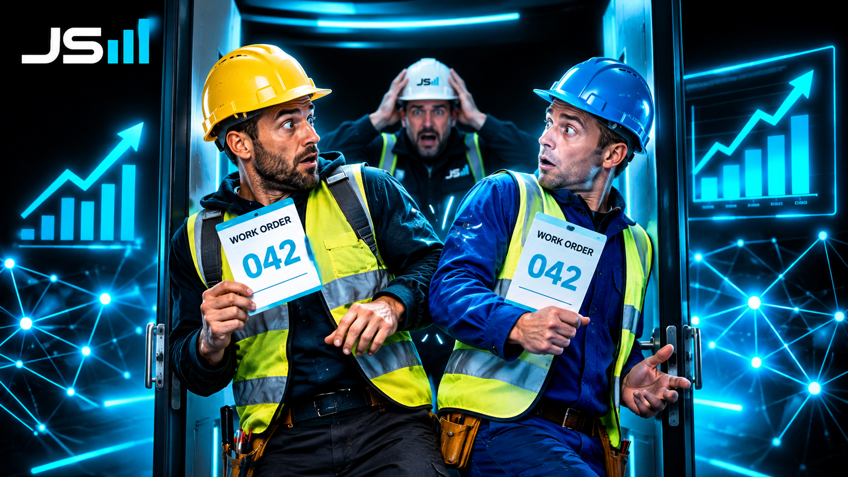 Two construction workers in a doorway each holding a work order card numbered 042, bumping into each other, a foreman behind them holding his head