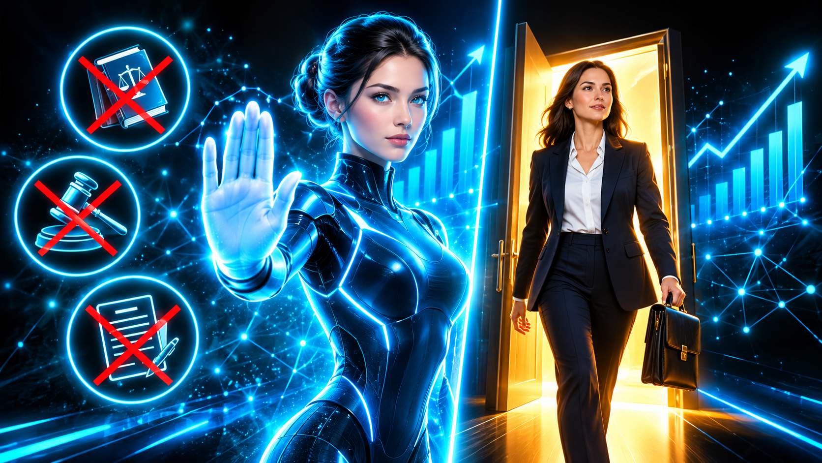 A glowing AI assistant holding up a hand to decline, beside crossed out icons of a law book, a gavel and a contract, while a human attorney steps through a lit doorway to take over