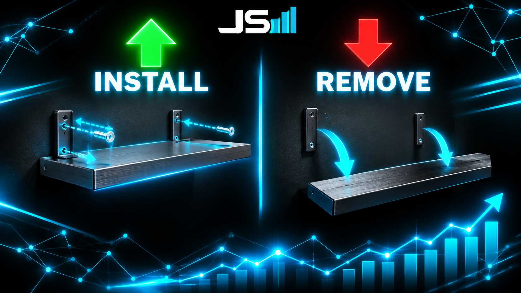 A wall shelf with a green up arrow showing it being installed and a red down arrow showing it cleanly removed, wall back to blank