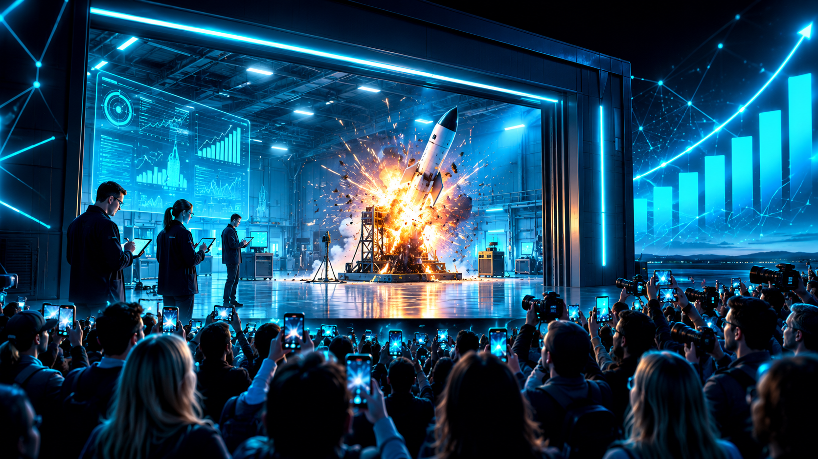 A small rocket exploding on a test stand inside a closed hangar while engineers take notes, with a huge crowd outside the doors waiting for a launch