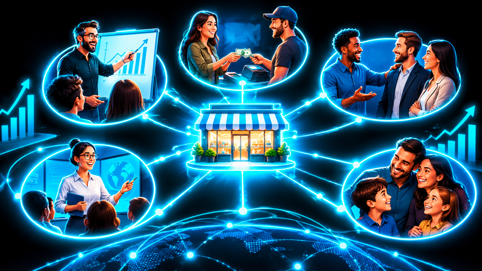 A small storefront in the center with glowing lines radiating out to a mentor, a customer, a friend making an introduction, a teacher, and a family member