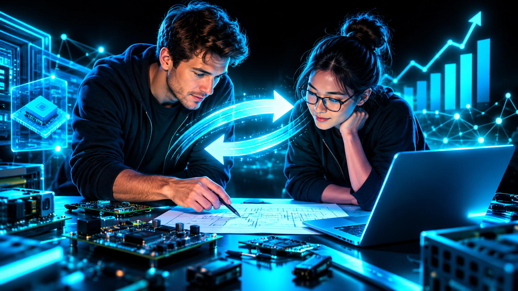 Two engineers at a workbench covered in circuit boards and a laptop, leaning in over a diagram with glowing arrows bouncing between them