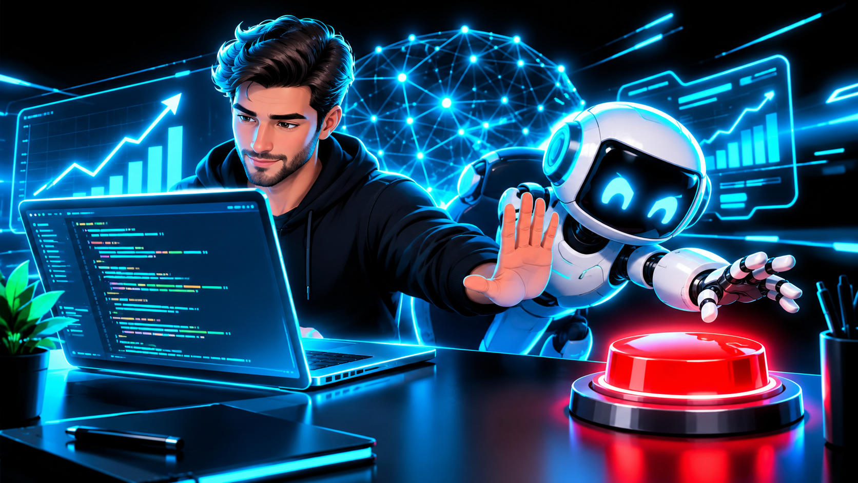 A person at a desk holding back an eager robot reaching for a big red button labeled deploy, while calmly reading the code on screen first