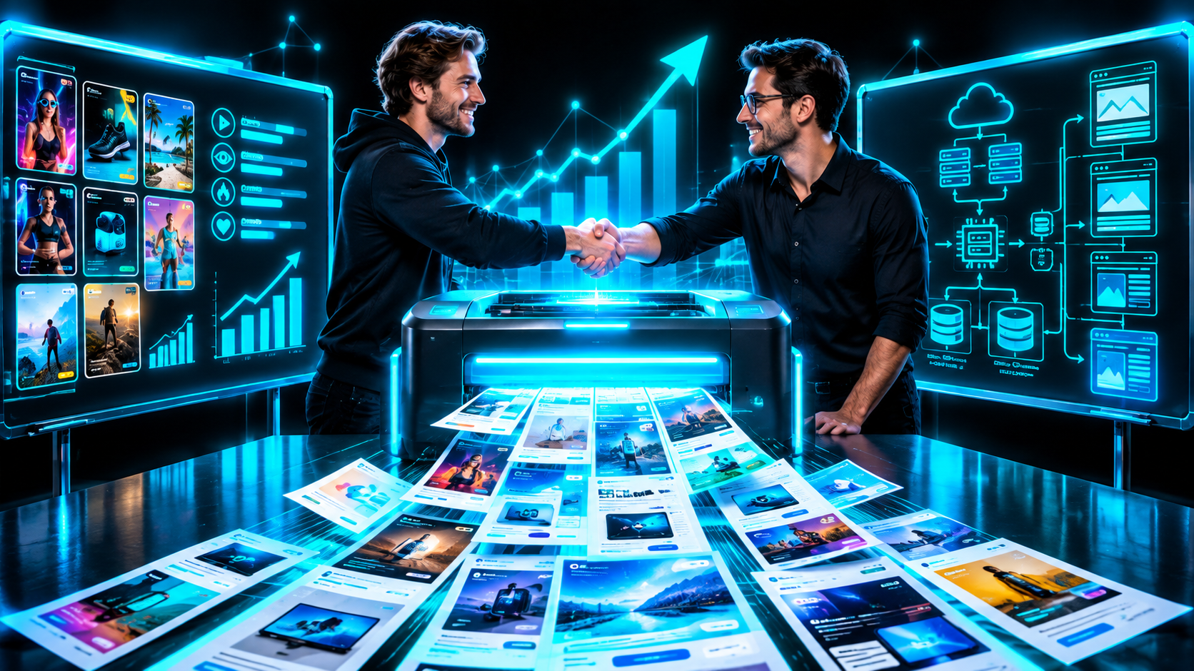 Two experts at a whiteboard, one with ad creatives and hooks, the other with a system architecture diagram, shaking hands over a machine printing dozens of ad variations and landing pages