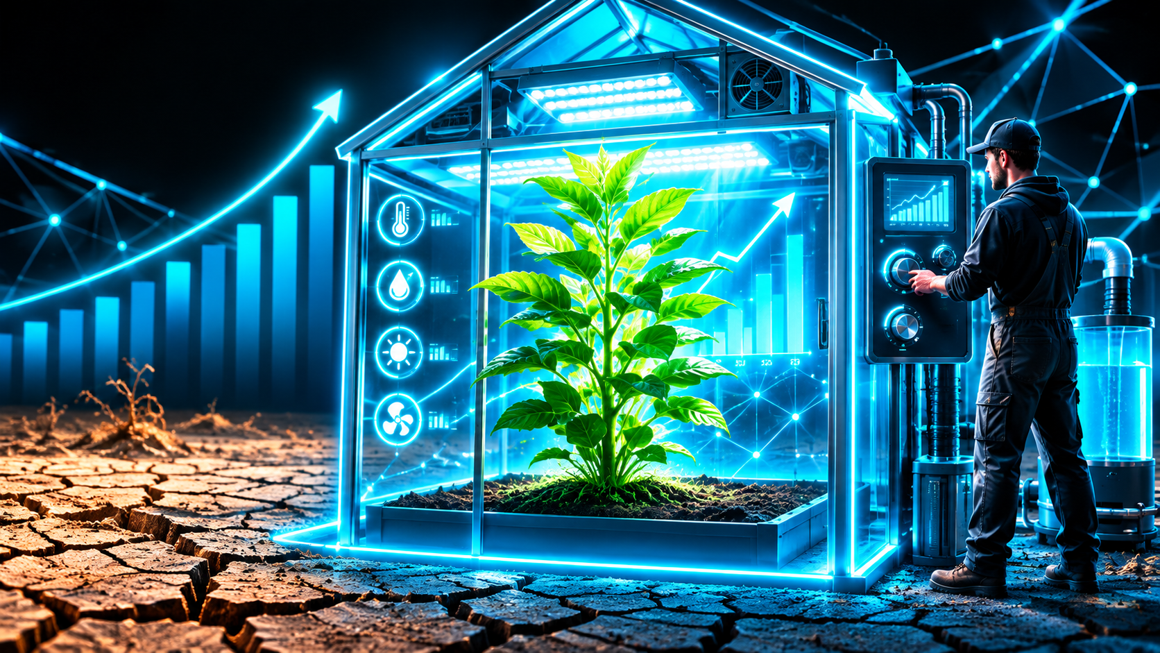 A greenhouse with controlled conditions and a strong plant growing fast inside while the ground outside is cracked and dry, a gardener adjusting dials on the wall rather than pulling on the plant